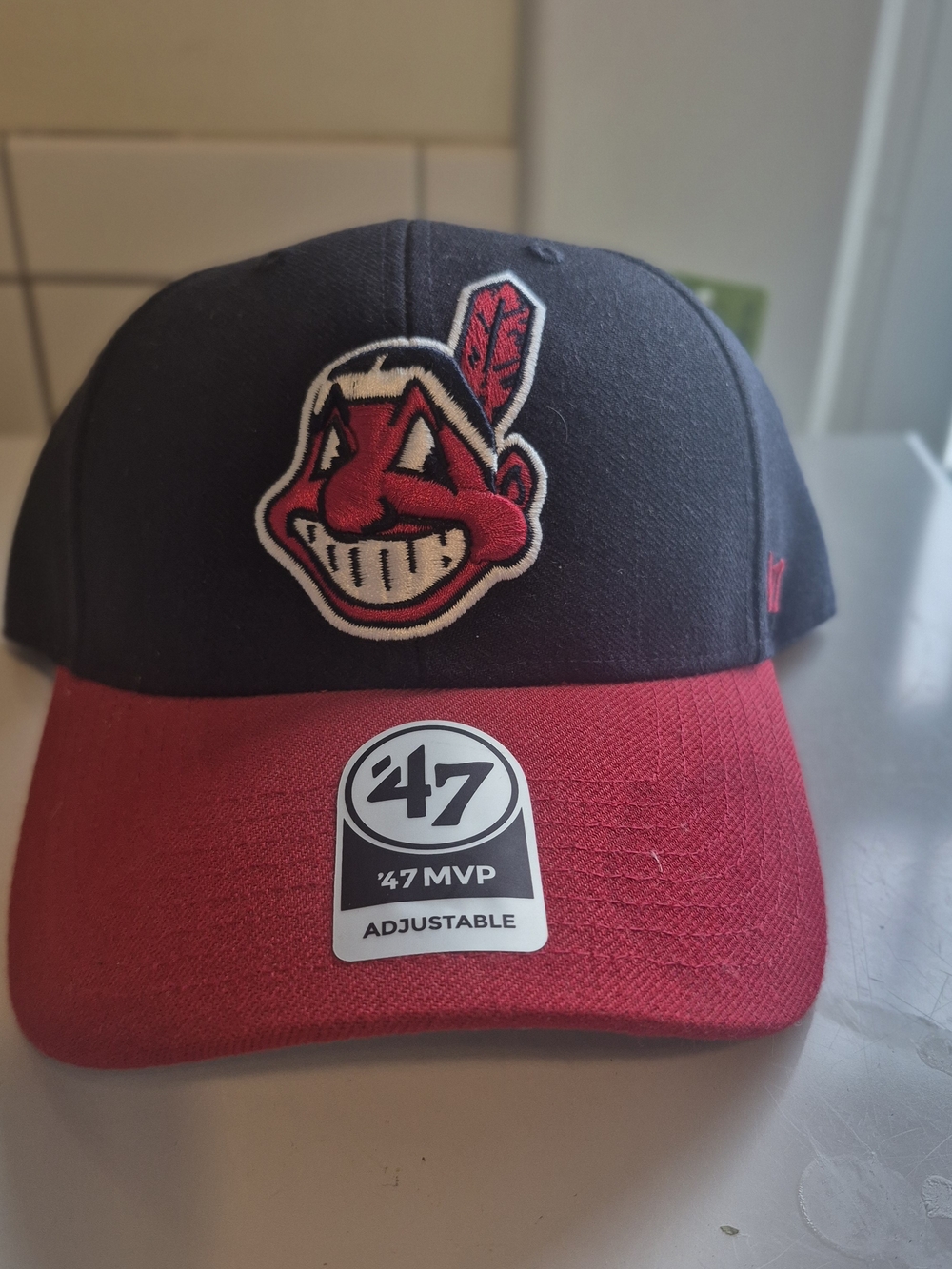 '47 Cleveland Indian Two-Tone Black and Red Baseball Cap with Embroidered Mascot